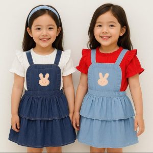 Cute Bunny Denim Pinafore Dress for Girls
