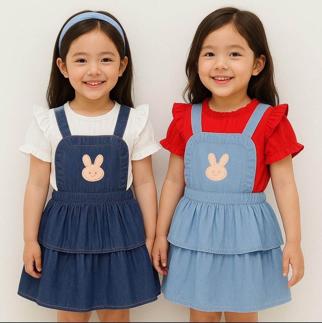 Cute Bunny Denim Pinafore Dress for Girls